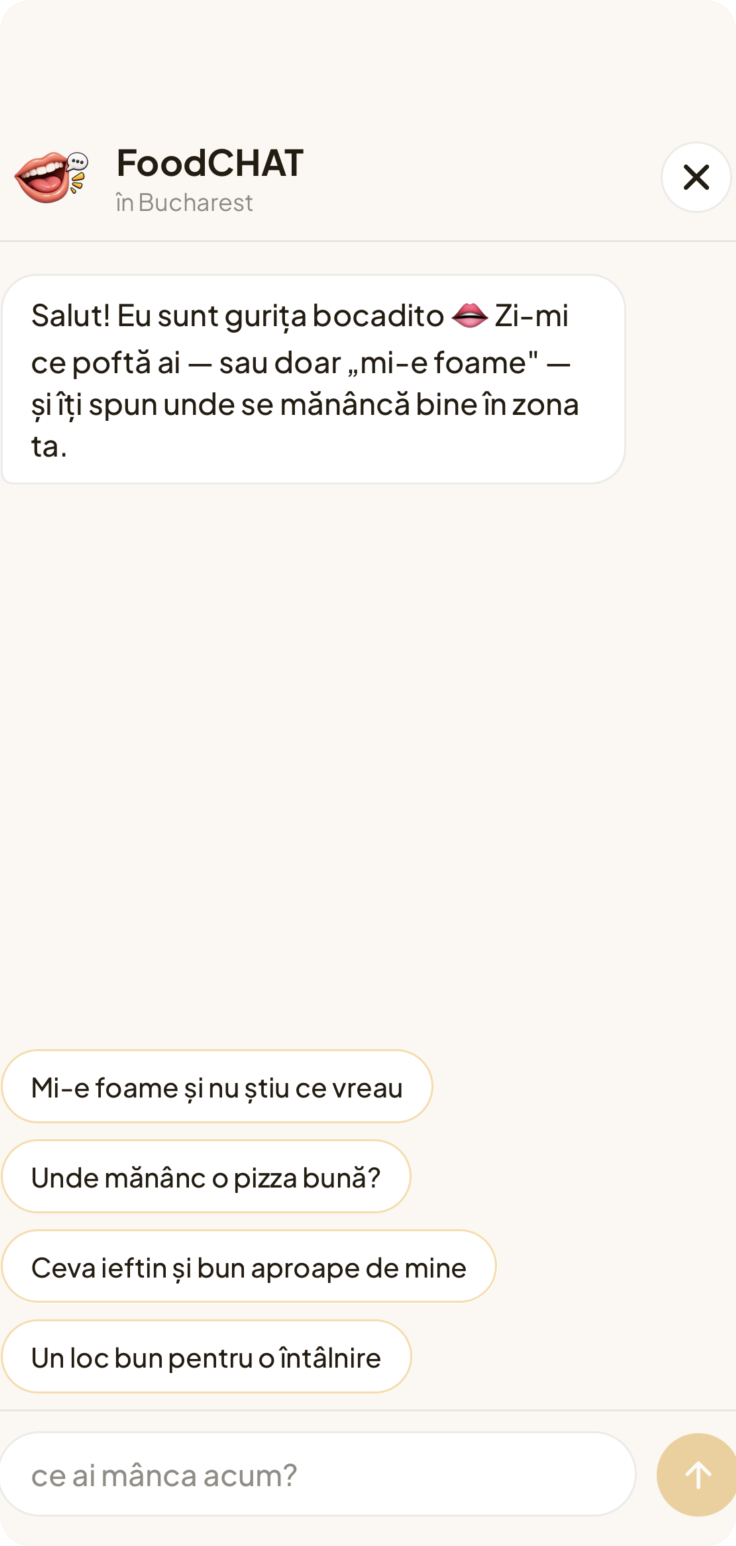 Ecranul FoodCHAT din aplicația bocadito