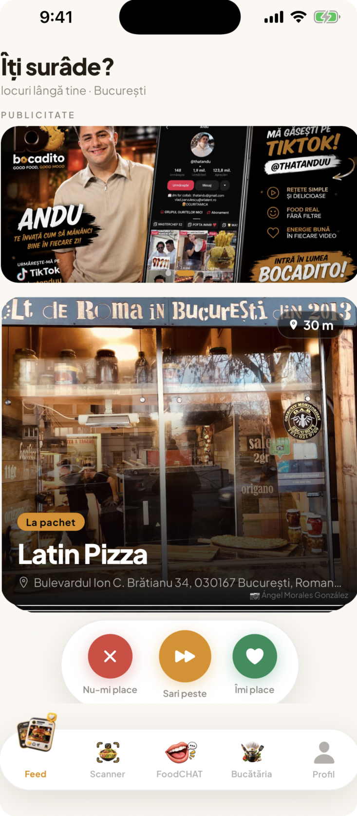Ecranul Feed din aplicația bocadito